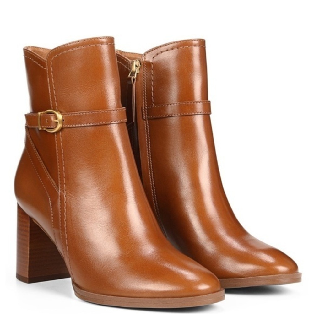 27 EDIT Tan Leather Ankle Booties with Gold Buckle